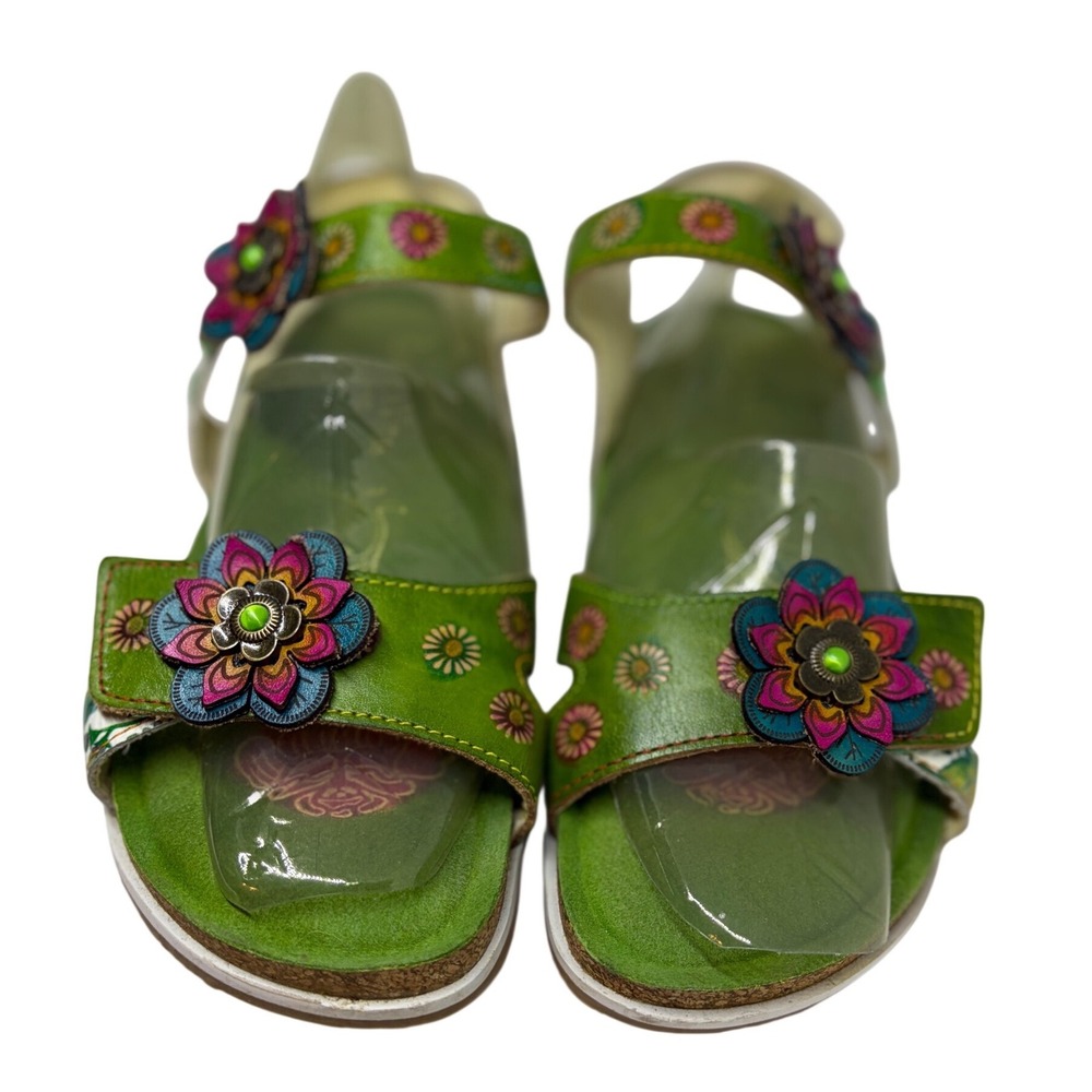 Laura Vita Floral Slingback Sandals Womens 37 Green Excellent Leather Wedge